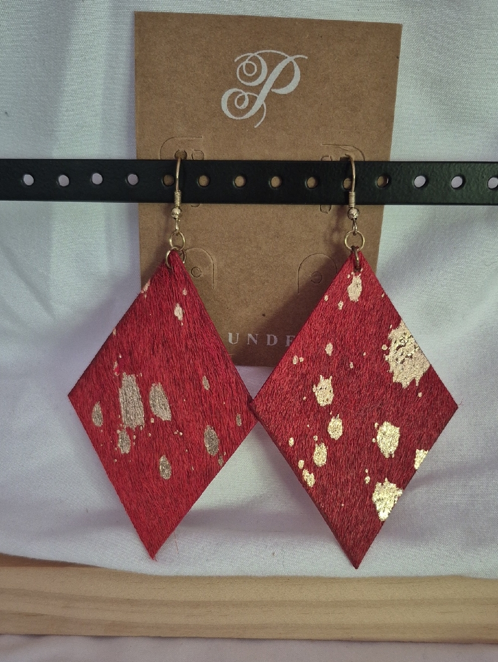 Red Leather Diamond Earrings with Gold Foil